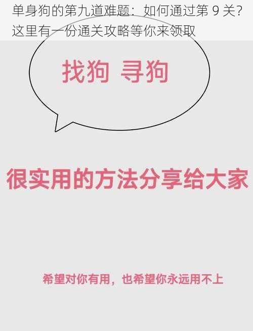 单身狗的第九道难题：如何通过第 9 关？这里有一份通关攻略等你来领取